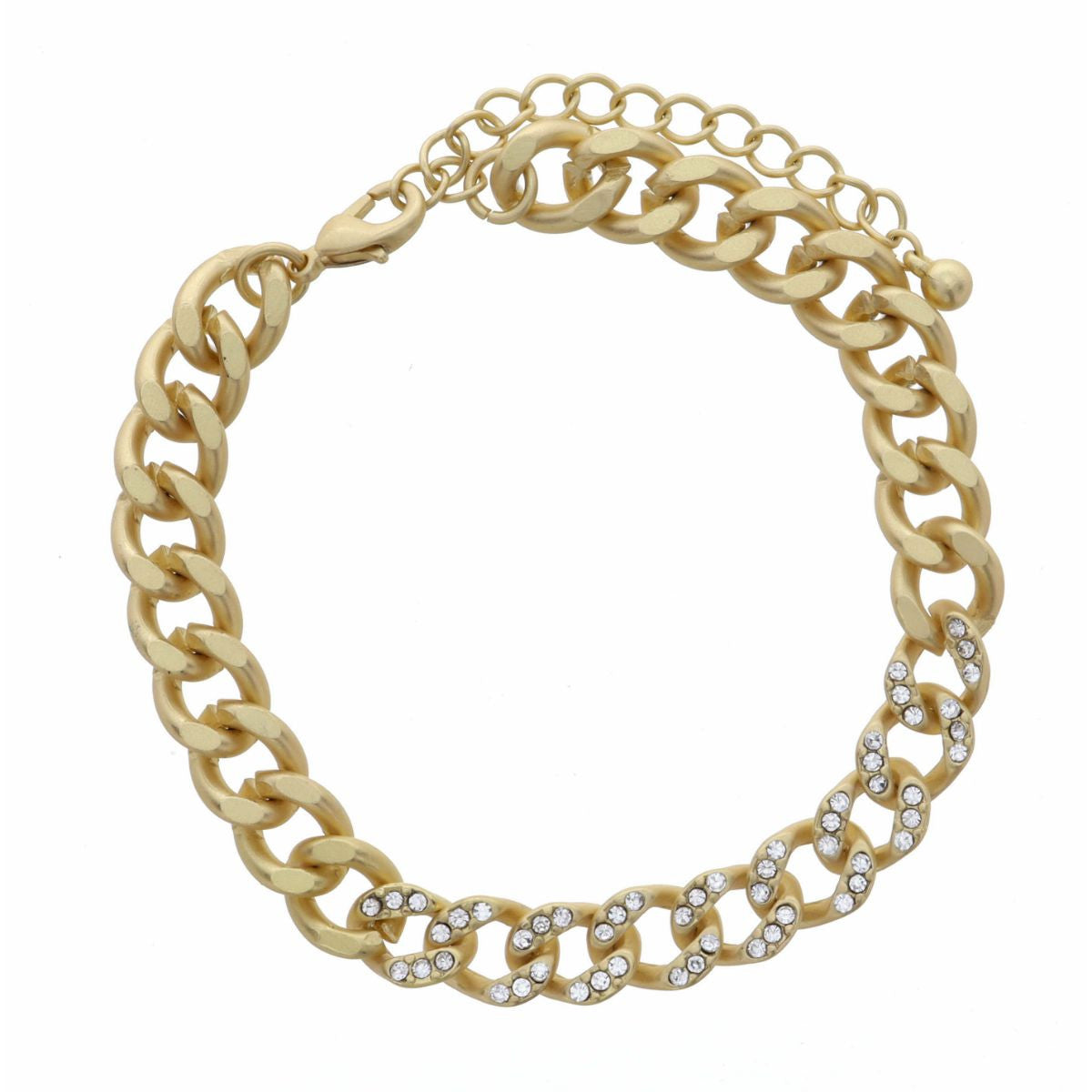 matte gold curb with crystal accent bracelet on a white background