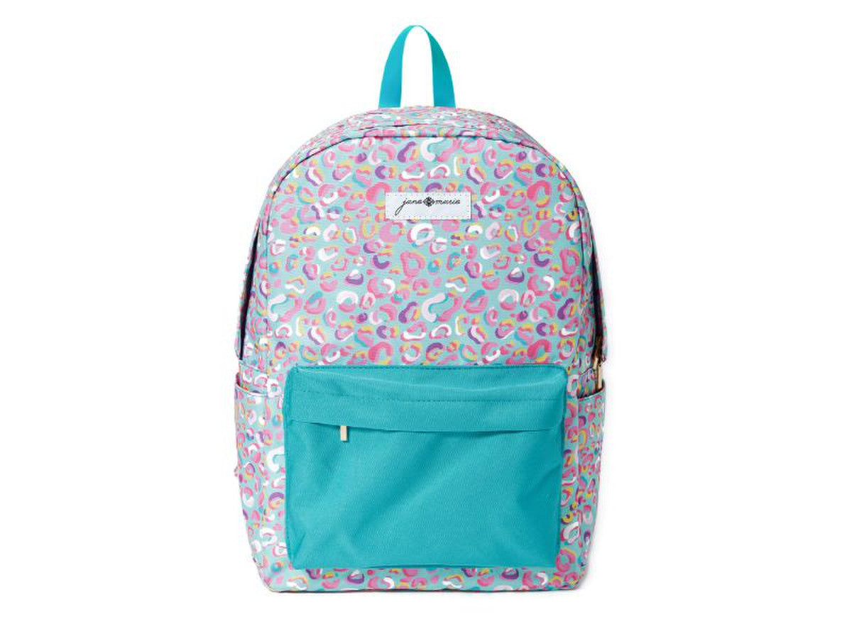color queen kids backpack has multi colored cheetah pattern displayed on a white background