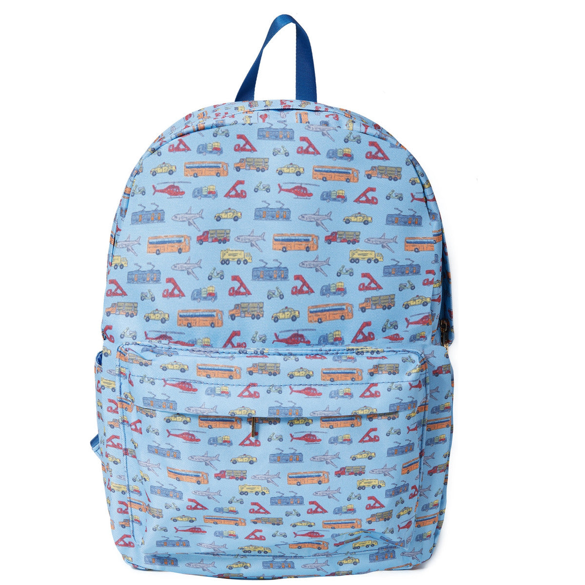 are we there yet kids backpack is blue with cars, buses, airplane, and trucks all over displayed on a white background