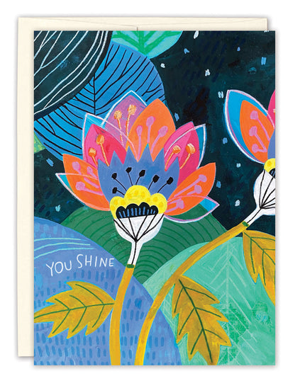 front cover of card has a artistic flower in bright vibrant colors and text listed in the description with a white envelope behind it on a white background