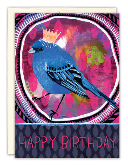 front cover of card has a blue bird surrounded by bright pinks and blues water colors with a white envelope behind it on a white background