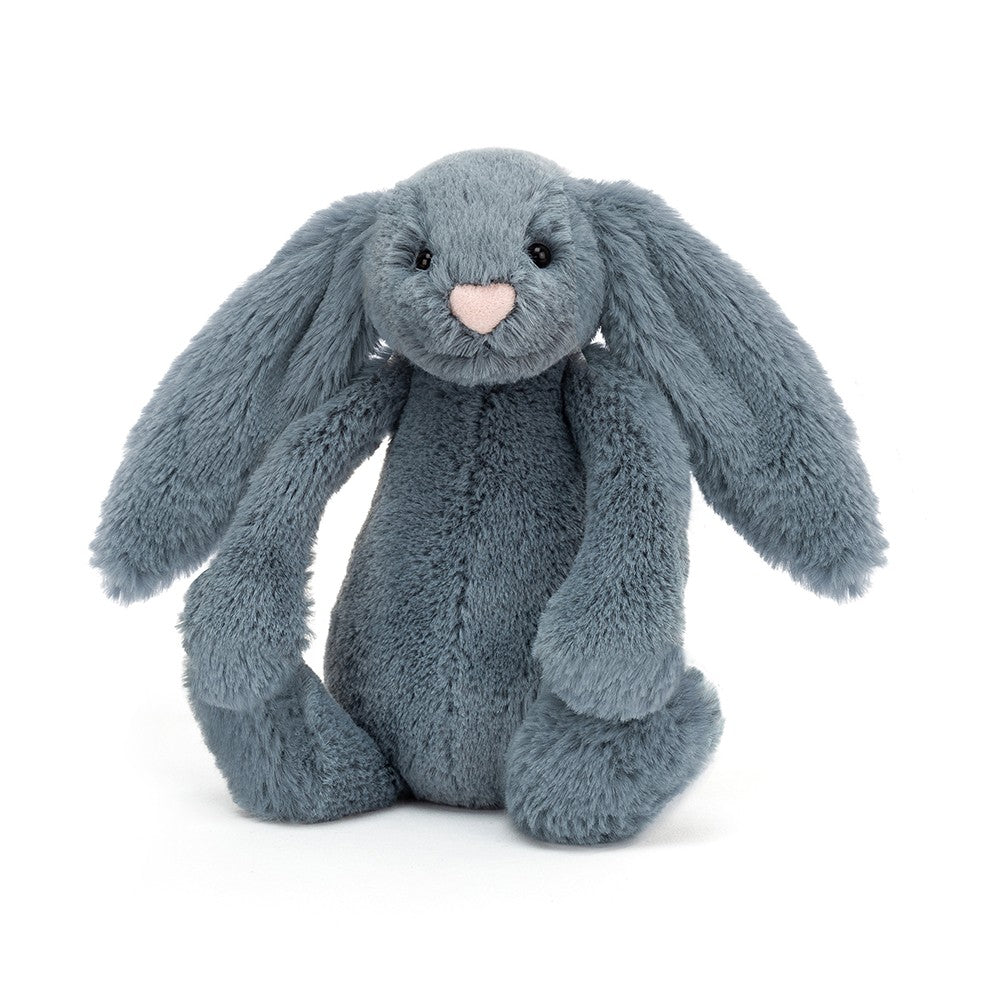 front view of dusty blue bashful bunny on a white background