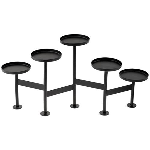 black metal candle holder with 5 round tiers on 3 levels.