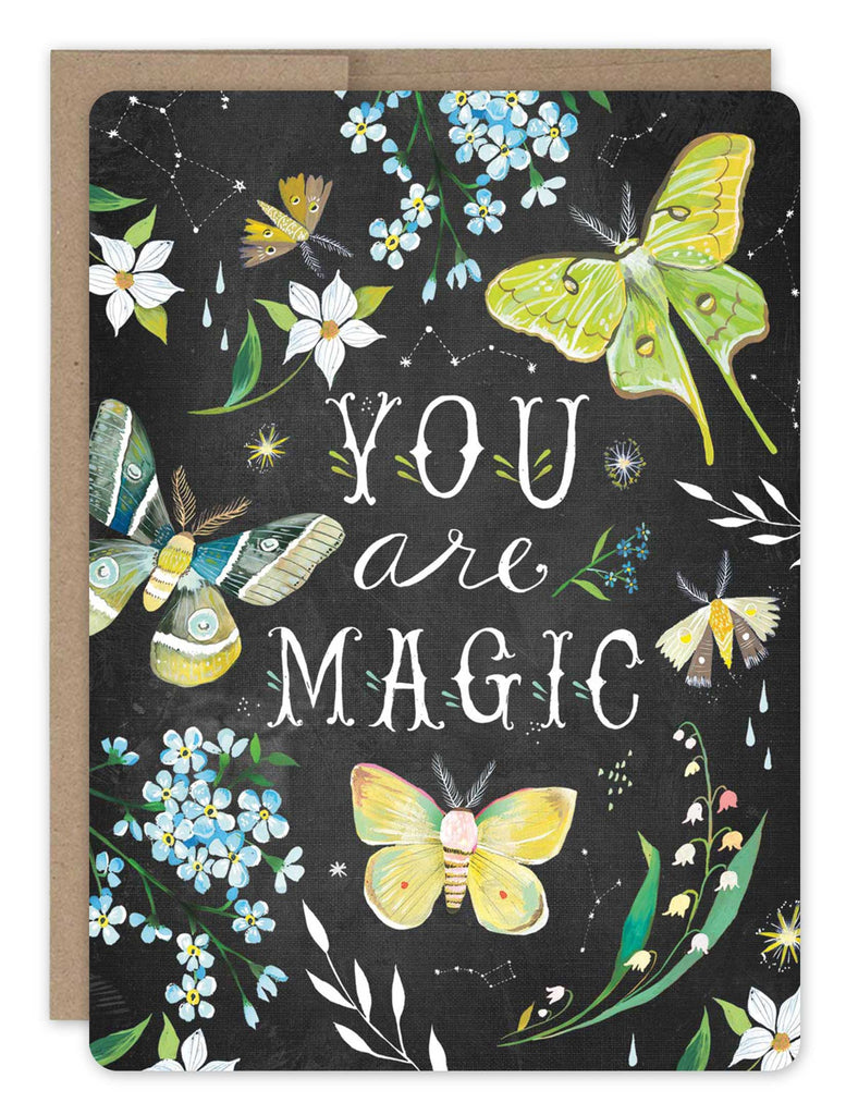 front cover of card is black with green and yellow moths, blue and white flowers, white text listed in the description with a natural envelope behind it on a white background 