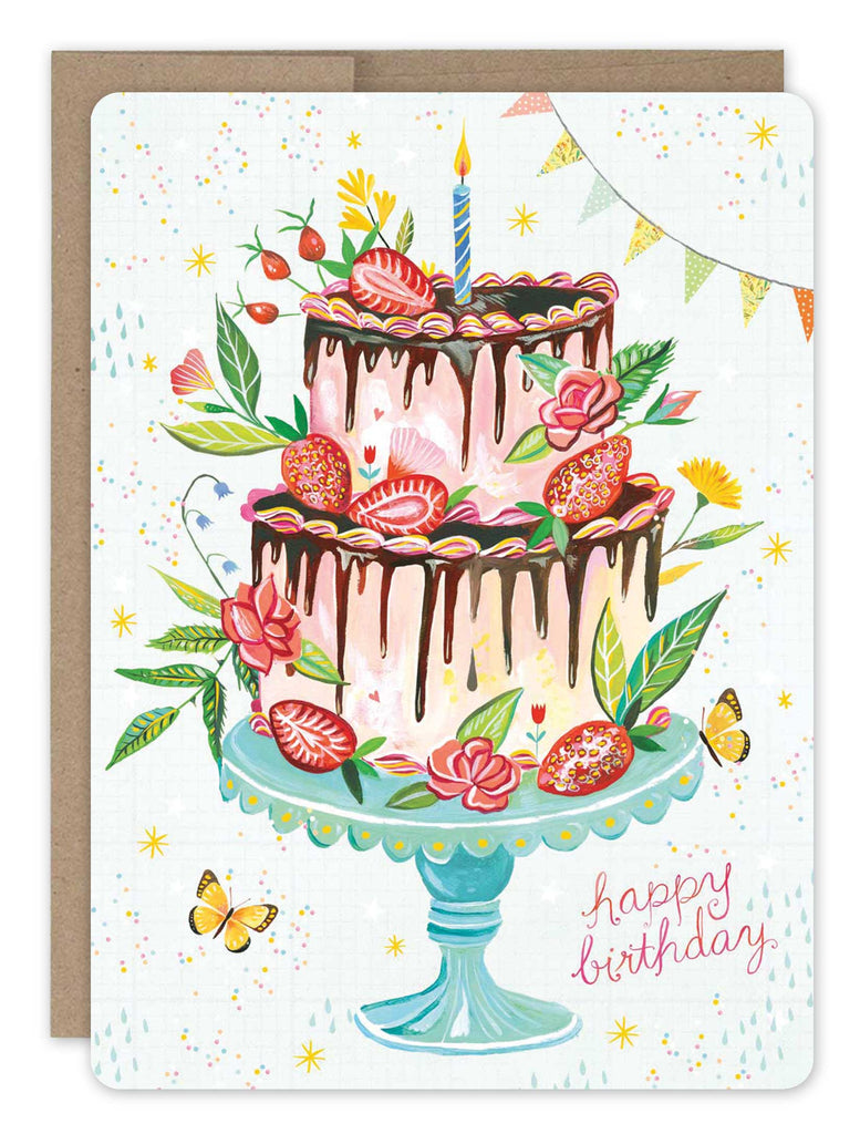 front of card has a two tier cake displayed on a blue cake stand with strawberries and flowers and text listed in description with a natural envelope behind it on a white background