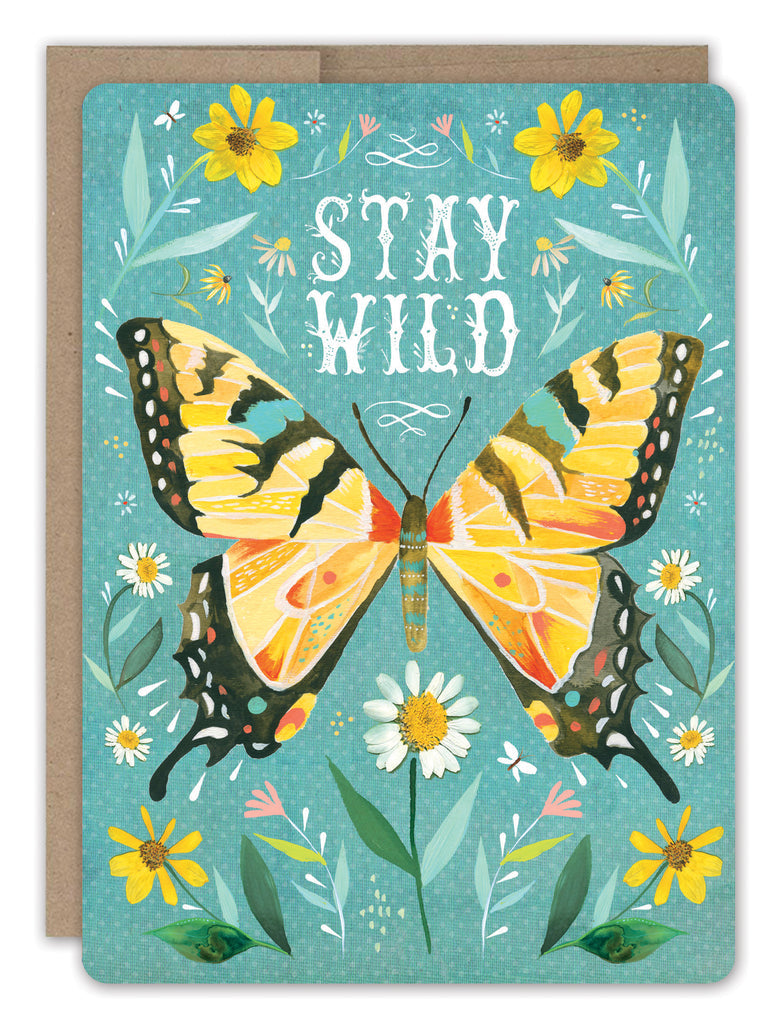 front cover of card is blue with a yellow and black butterfly, yellow and white flowers and text listed in the description with a natural envelope behind it on a white background