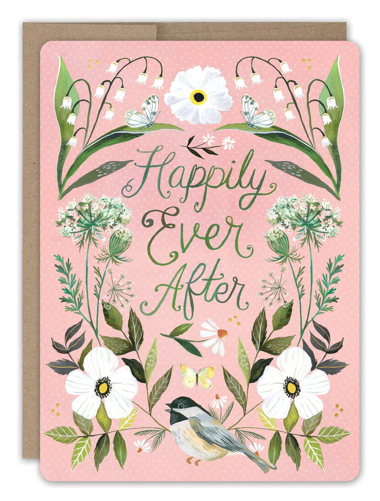 front of card is pink with soft white flowers with luscious green leave surround text listed in the description with a natural envelope on a white background 