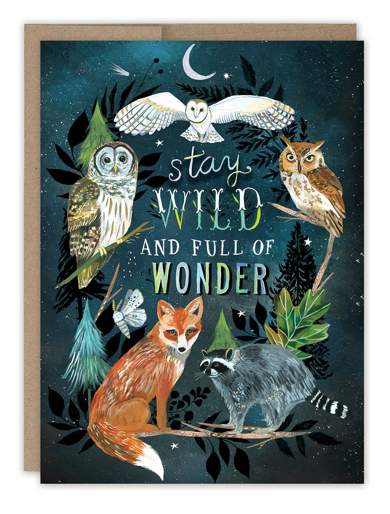 front cover of card has a night sky with three owls, fox, and raccoon surrounding text listed in the description with a natural envelope behind it on a white background