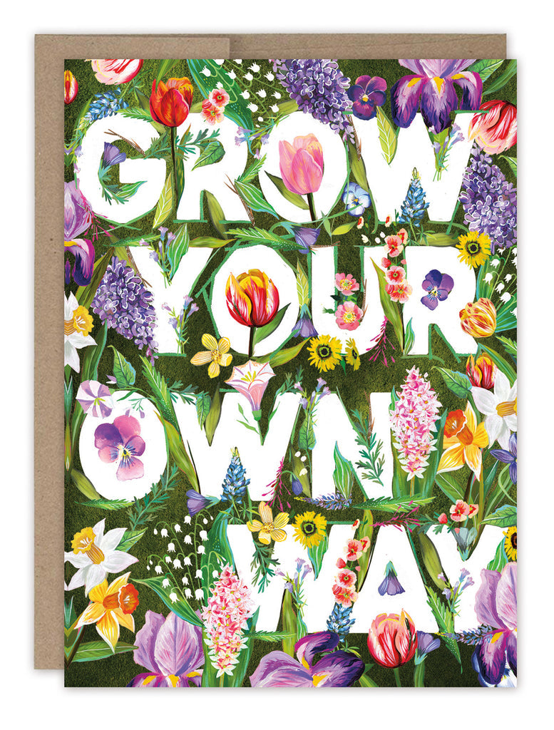 front cover of card has large text listed in the description surrounded by tons of floral with a natural envelope behind it on a white background