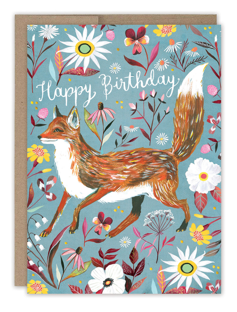 front of card is blue with a red fox surrounded by multiple colored flowers and text listed in the description with a natural envelope on a white background