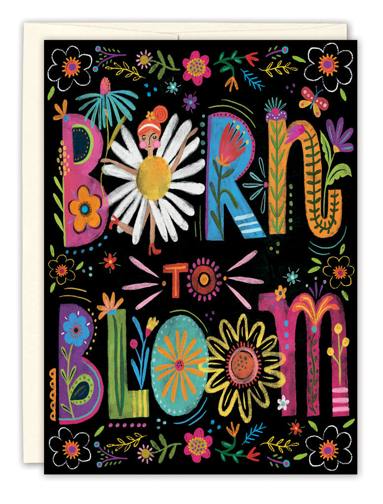 front cover of card is black with text and flowers surround it in florescent colors with a white envelope behind it on a white background