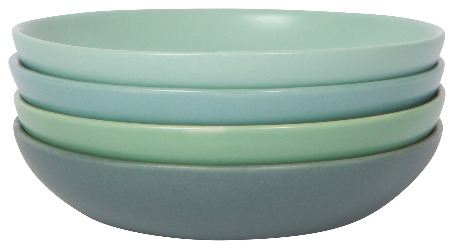 stack of 4 dishes in green and blue hues.