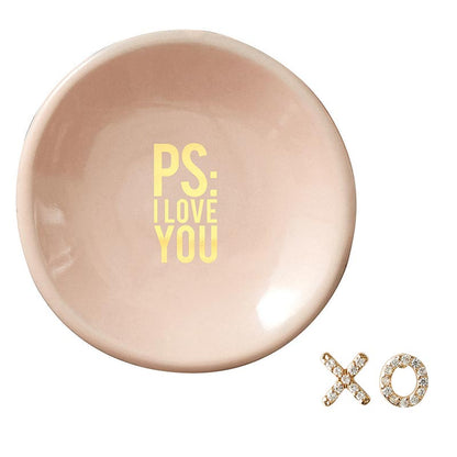 ps i love you pink ceramic dish and x o earrings on a white background