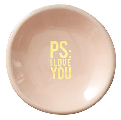 ps i love you pink ceramic dish on a white background