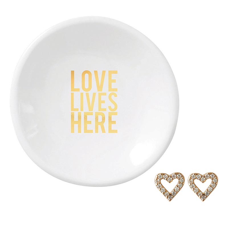 love lives here ceramic dish and heart earrings on a white background