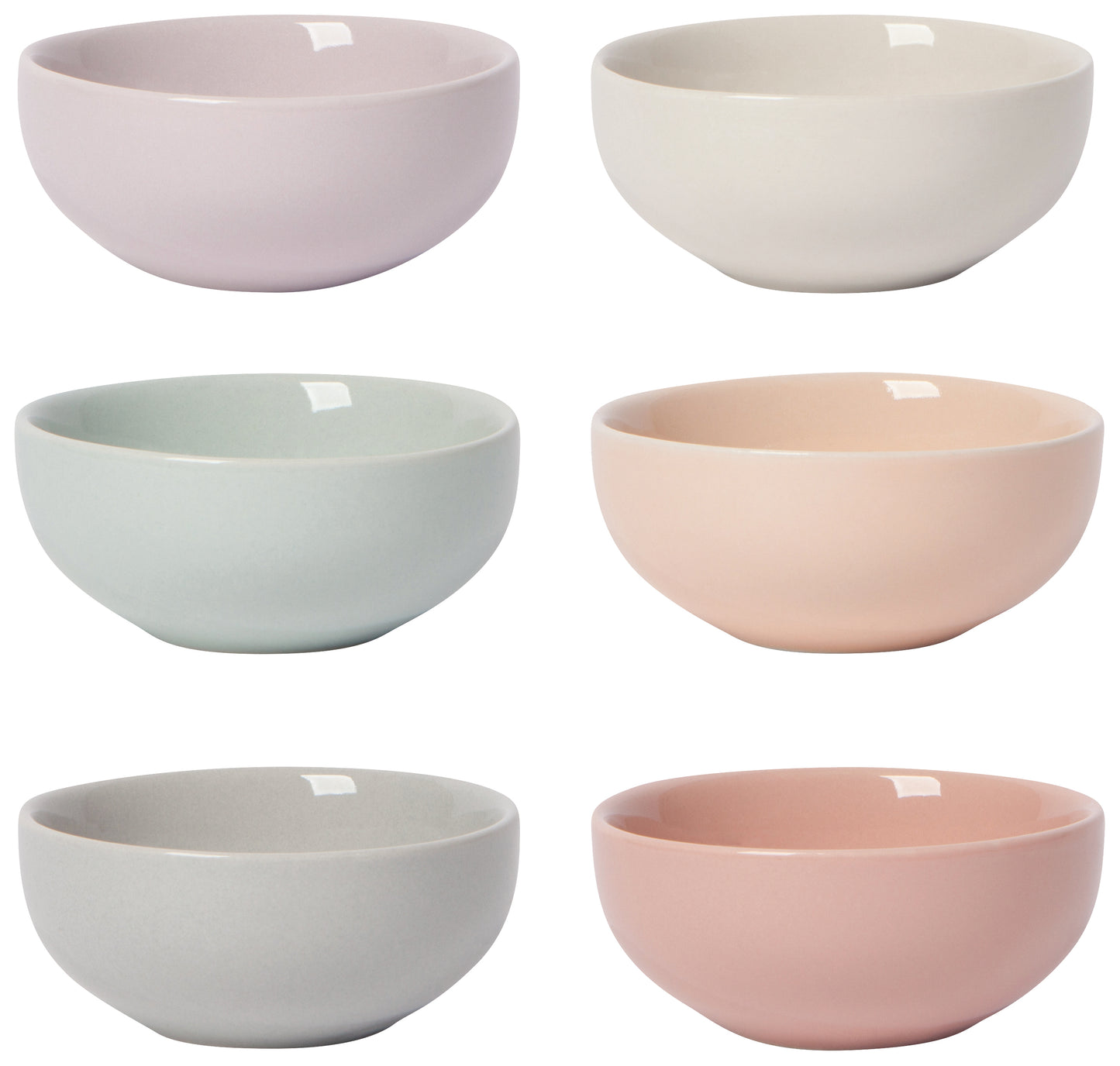 6 small bowls on a white background, colors are light pink, cream, light blue, peach, grey, and rose.
