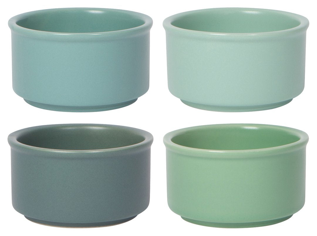 4 ceramic ramekins in assorted shades of green.