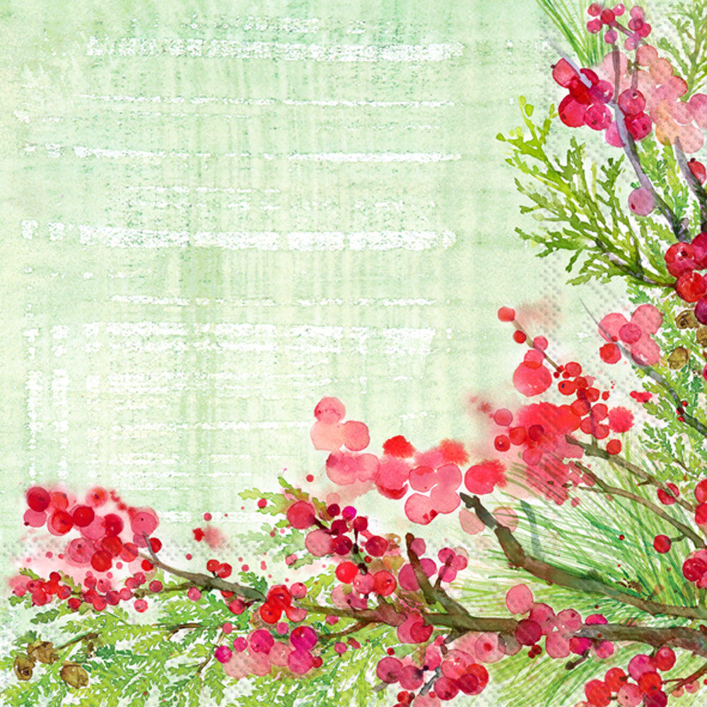 light green water color napkin with greenery and red berries surrounding two sides.