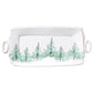 long platter with rounded handles and holiday trees painted across the center.