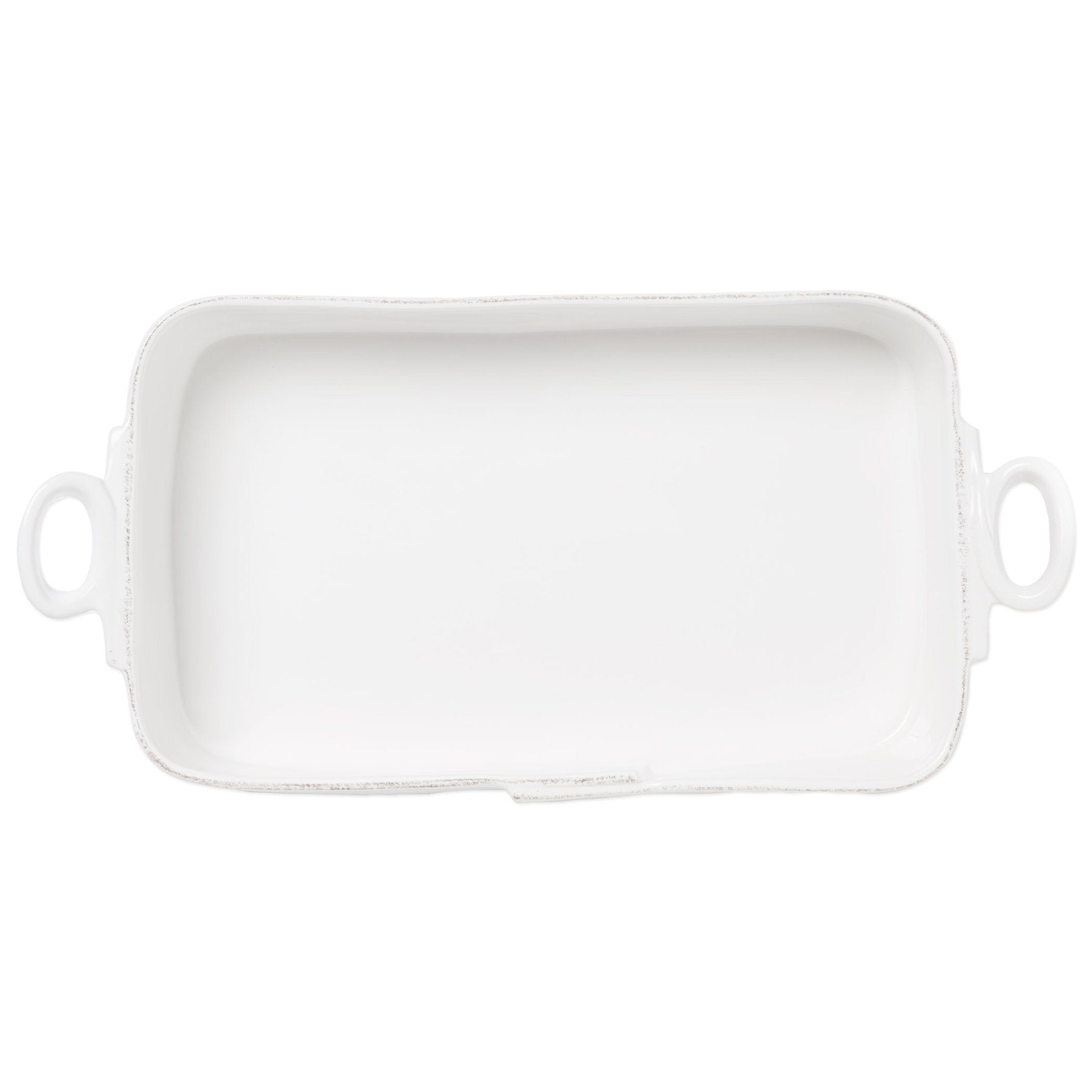top view of baking dish on white background.