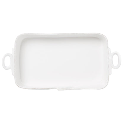 top view of baking dish on white background.
