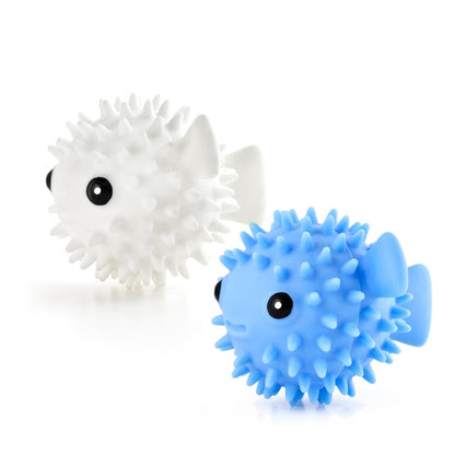 white and blue puffer fish dryer buddies on a white background