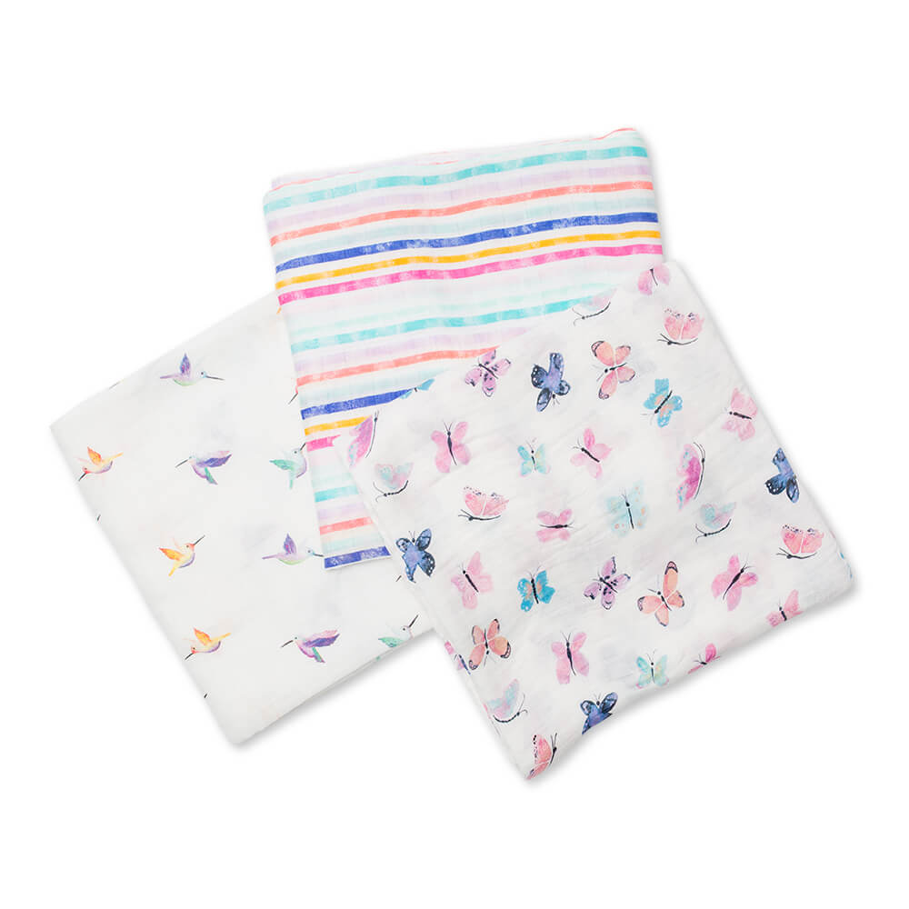 three garden friends bamboo muslin swaddles on a white background