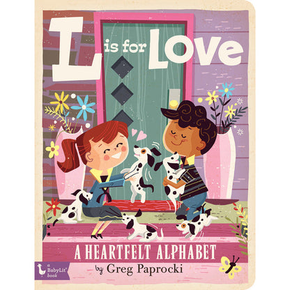 front cover of book has a boy and girl playing with puppies, title, author's name