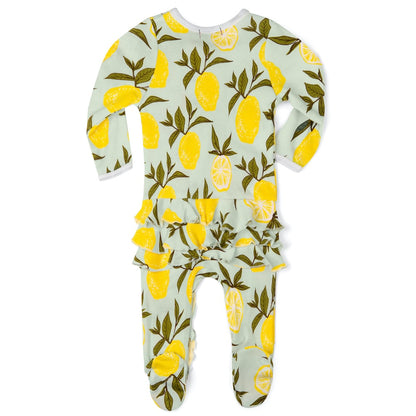 back view of the lemon ruffle footed romper displayed on a white background