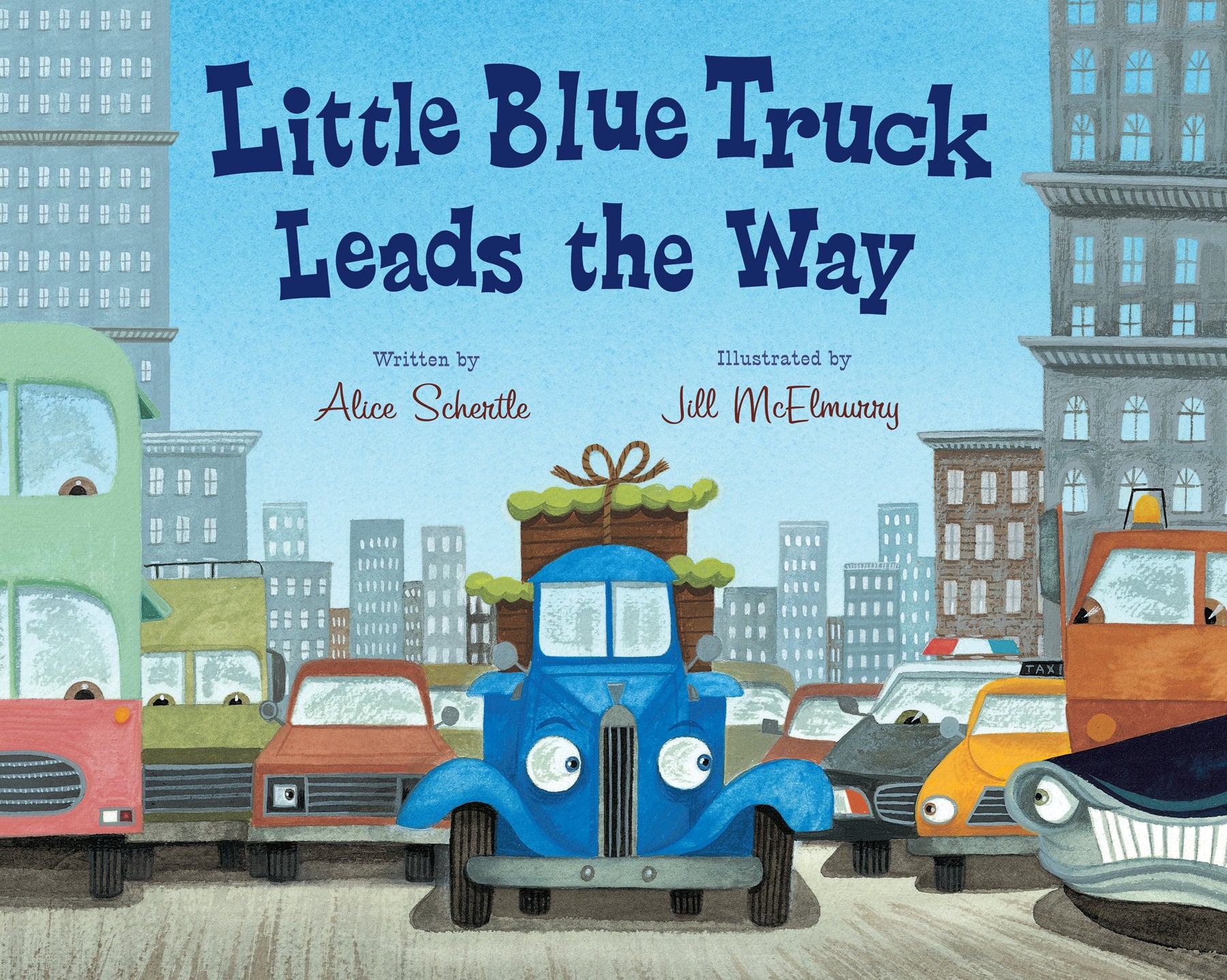 front cover of book with illustration of different vehicles in a city, title, authors name, illustrators name