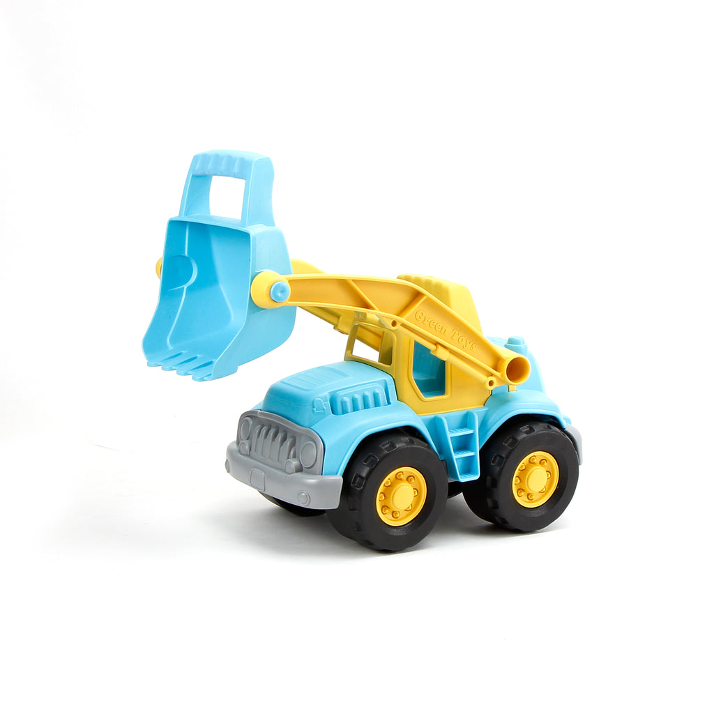 angled view of the loader truck with the bucket up on a white background