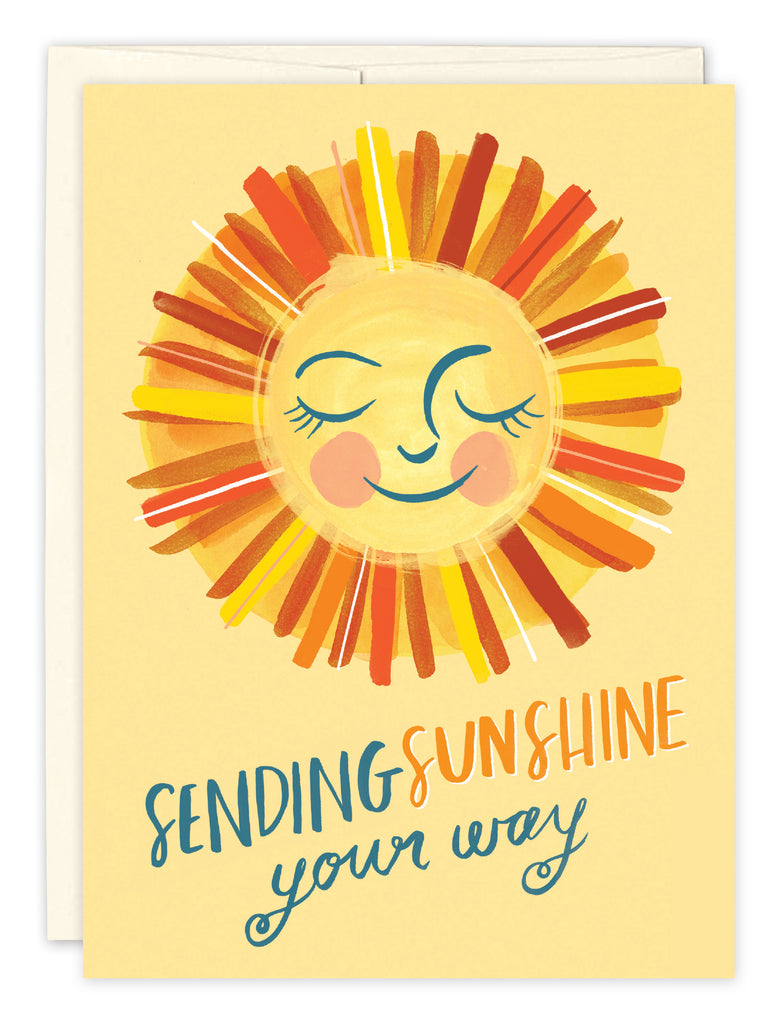 front cover of card is yellow is a smiling sun and blue and orange text listed in the description with a white envelope behind it on a white background