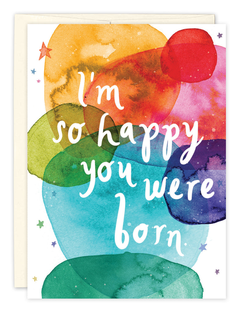 front cover of card has yellow, red, green, purple, and blue water color spots and text listed in the description with a white envelope behind it on a white background