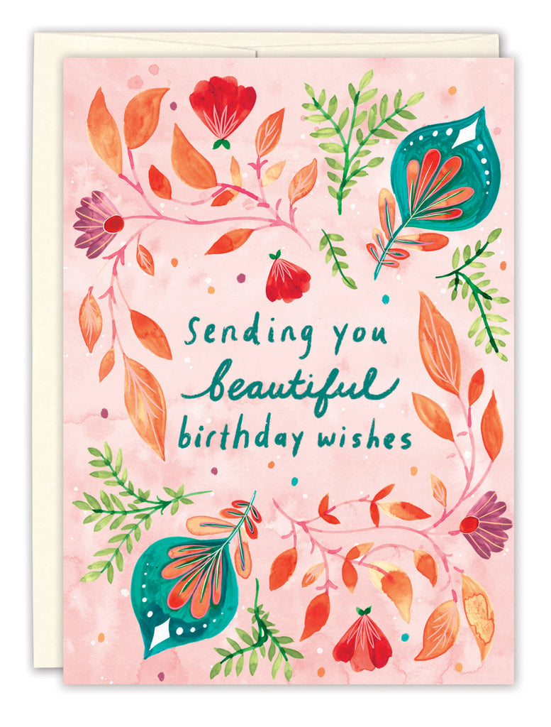 front cover of card is water color pink with brightly colored leaves and flowers all over and text listed in description with a white envelop behind it on a white background