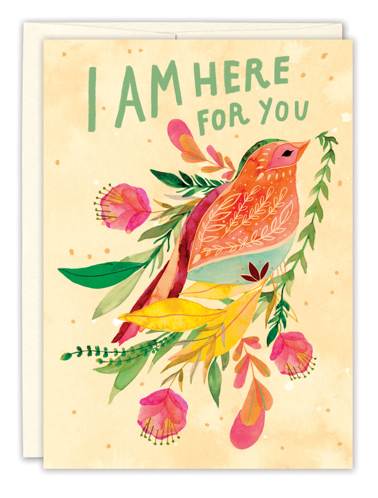 front of card is peach with a brightly colored bird, vines, and flowers with text listed in description with a white envelope on a white background