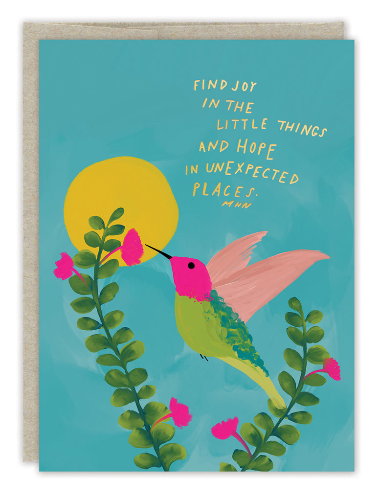 front of card is blue with illustration of a hummingbird at a flower with a sun behind it and text listed in the description with a natural envelope on a white background