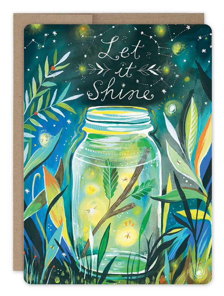 front of card has illustration of a jar filled with fireflies sitting in the brightly colored foliage under the night sky with text listed in description with a natural envelope on a white background