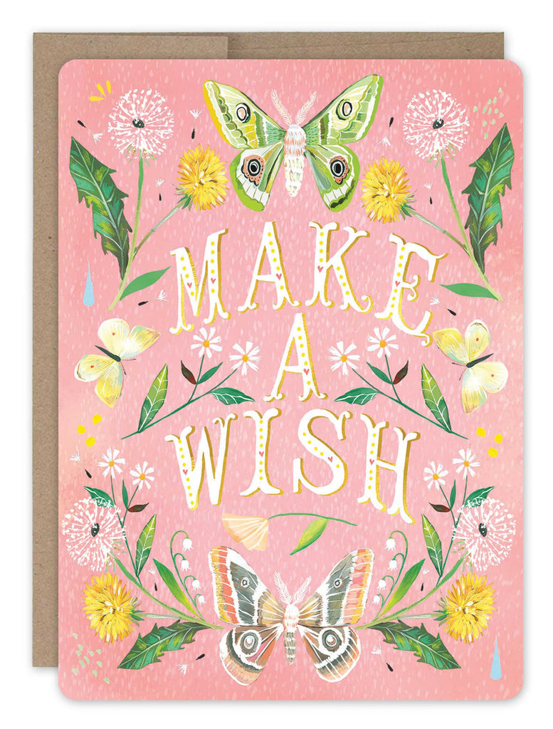 front cover of card is pink with yellow and white flowers, and butterflies surrounding text listed in the description with a natural envelope on a white background