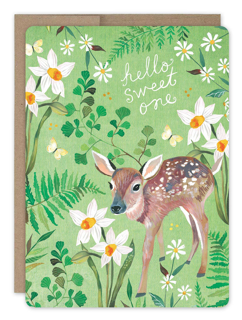 front cover of card is green with a fawn, vines, daffodils, and text listed in the description with a natural envelope behind it on a white background