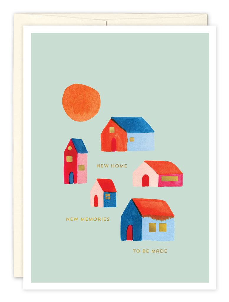 front cover of card is blue with a white trim and several small house in bright colors with a orange sun with a white envelope on a white background