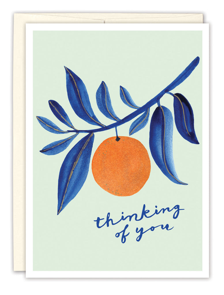 front cover of card is light blue with a dark blue branch and a orange hanging off it with text listed in the description with a white envelope behind it on a white background