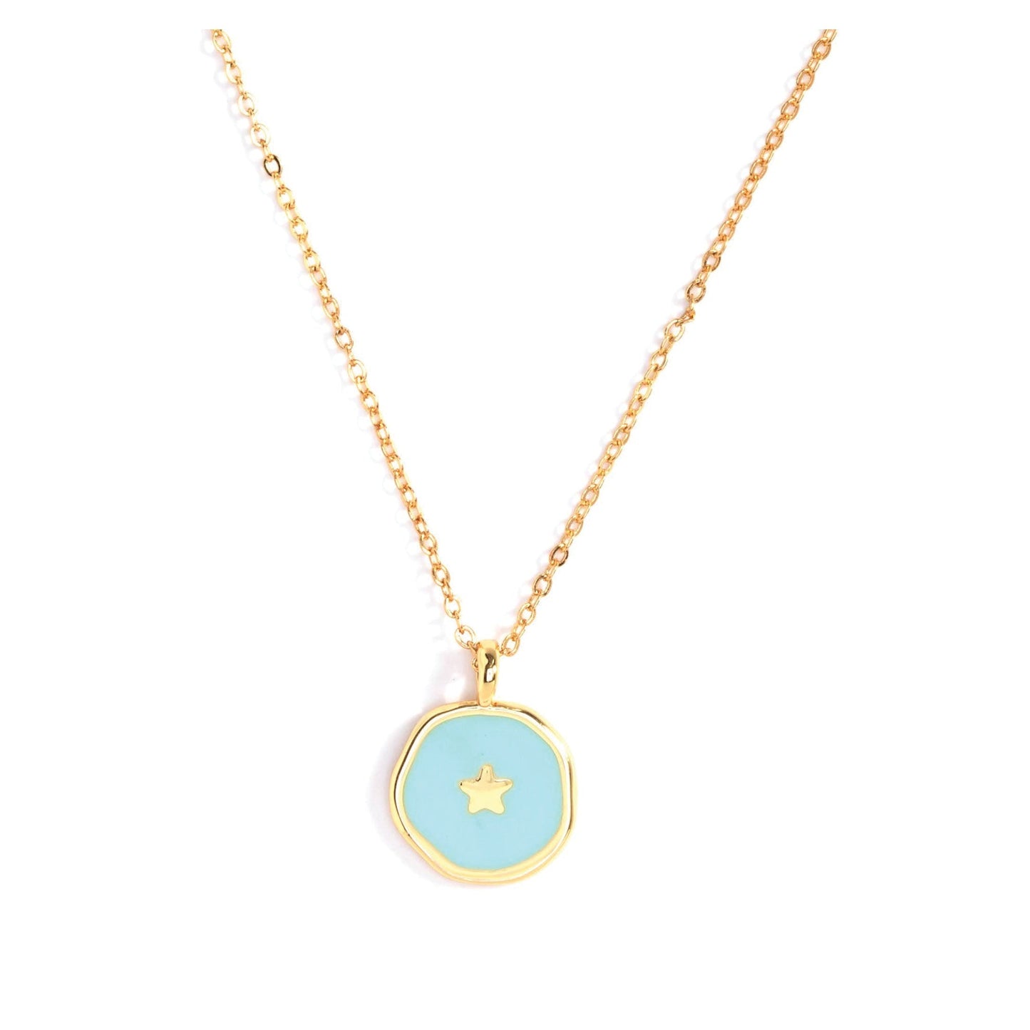 aqua pendant with gold star on gold chain on white background.