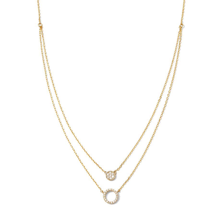 2 gold chains with one open circle pave pendant and one round pave pendant.