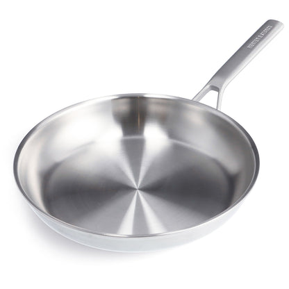 12 inch stainless steel frypan on a white background