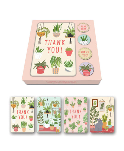 box of cards and four notecards with various houseplants graphics.