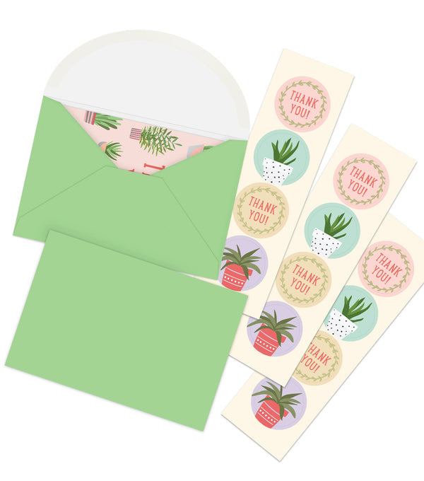 two green envelopes and three sheets of stickers. stickers have either house plant graphic or says "thank you".