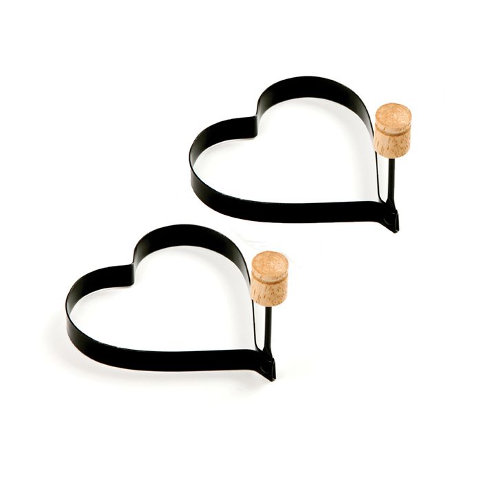 heart shaped 2 pancake rings with wooden handle knobs.