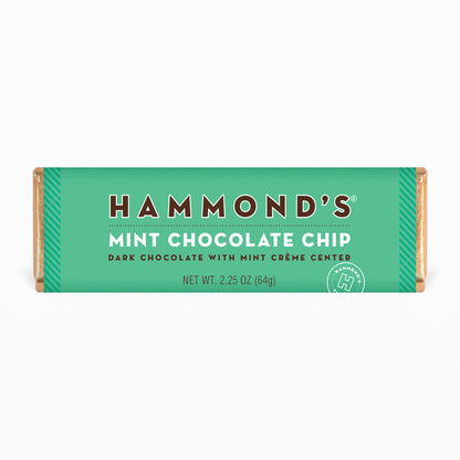 the mint chocolate chip dark chocolate candy bar on a white background
