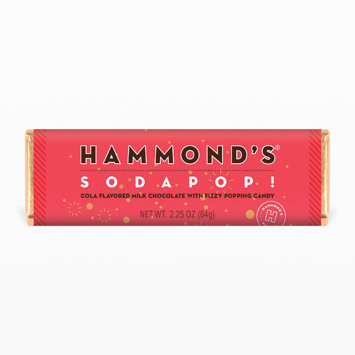 sodapop milk chocolate candy bar displayed in a red wrapper with white and brown lettering on a white background