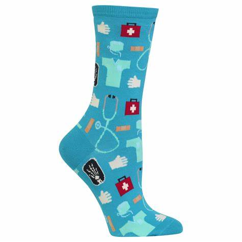women's medical crew socks are turquoise with medical cloths and equipment all over and displayed against a white background